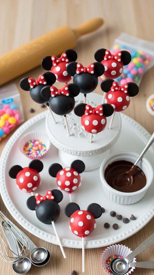 023 Fun DIY Minnie Mouse Cake Pops Ideas with Polka Dots and Chocolate Ears - Themed Ideas