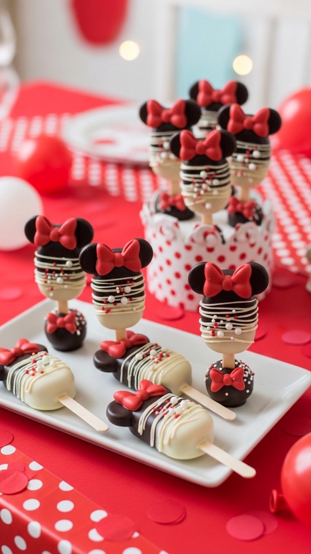 026 Red and White Minnie Mouse Cake Popsicles with Edible Bows and Pearls - Themed Ideas
