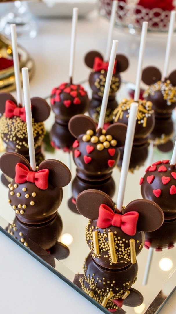 029 Glam Red and Gold Minnie Mouse Cake Pops Ideas for Luxe Kids Parties - Themed Ideas