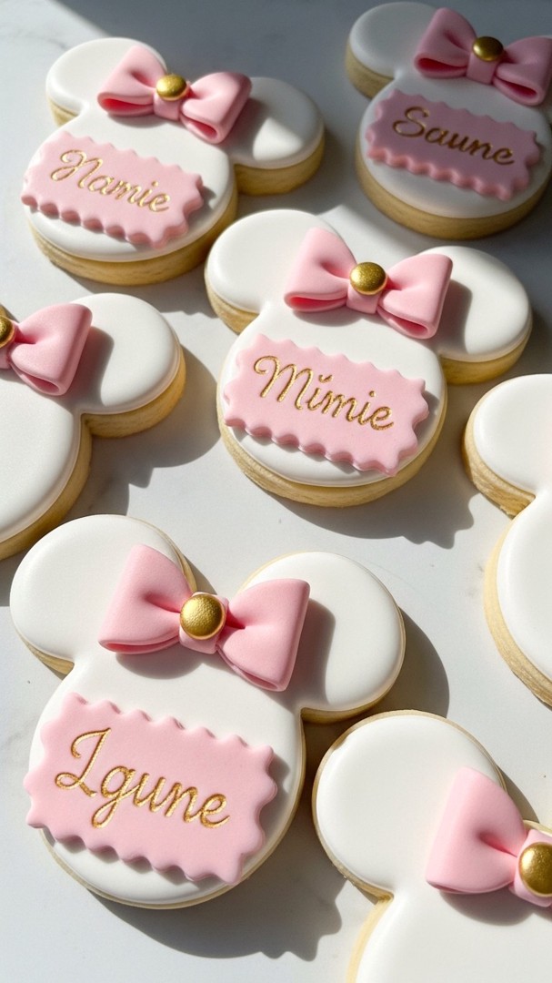 035 Elegant Minnie Mouse cookie design ideas with gold and pink for a luxury birthday theme - Themed Ideas