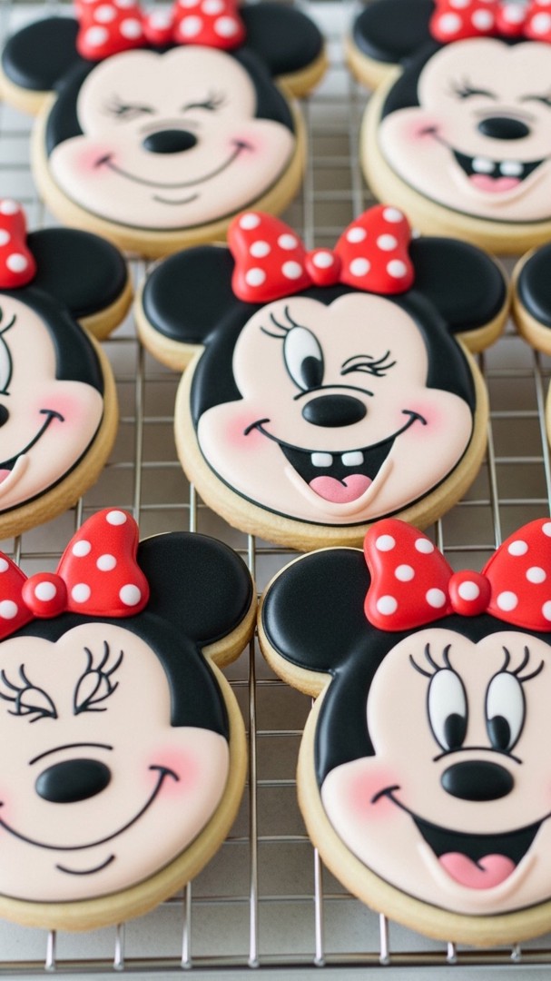 038 Expressive Minnie Mouse cookie ideas with cute character faces for themed birthdays - Themed Ideas
