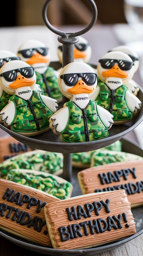 039 Duck Dynasty Birthday Cookie Tray Display Ideas with Camo Duck Designs - Themed Ideas