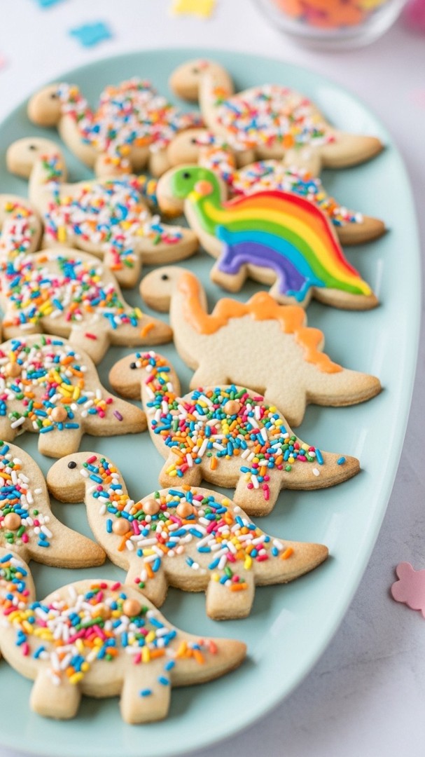 040 Classic Dinosaur Cookie Ideas with Sprinkles and Rainbow Icing for Kids Parties - Themed Ideas