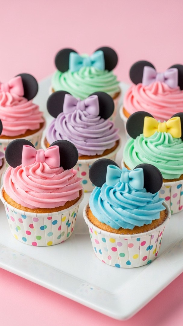 041 Cute Minnie Mouse cupcake ideas with bows and ears for themed kids birthday party - Themed Ideas