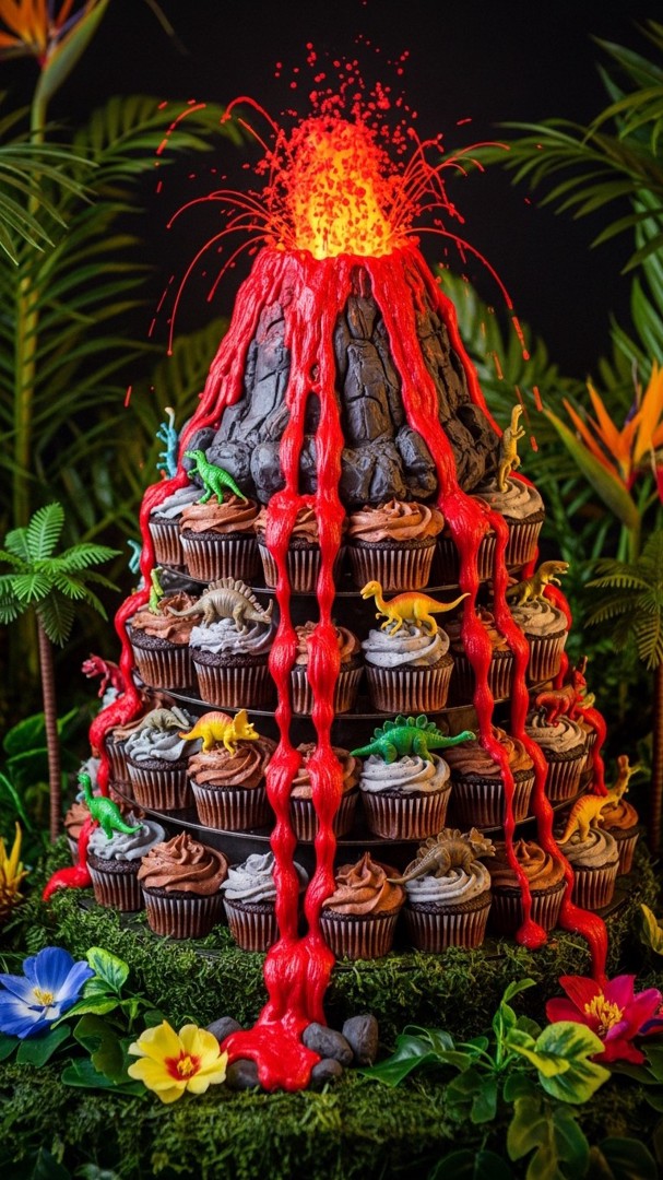 043 Epic Dinosaur Cupcake Ideas Featuring a Volcano Design for Birthday Party Fun - Themed Ideas
