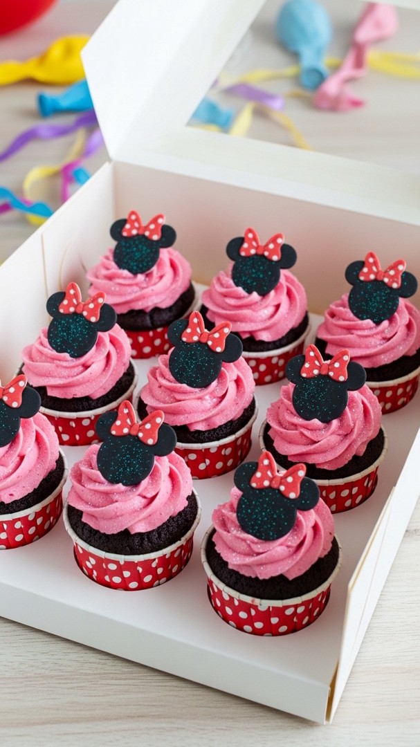 043 Sparkling Minnie Mouse Birthday cupcake ideas with silhouettes and pink frosting - Themed Ideas