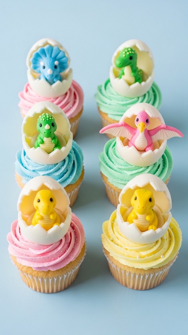 044 Adorable Dinosaur Cupcake Design Ideas with Hatching Dinos for Young Kids Parties - Themed Ideas