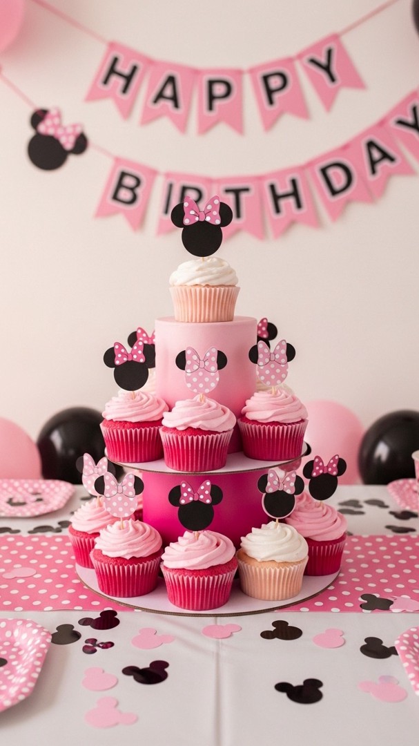 045 Pink ombre Minnie Mouse Birthday party cupcake tower for girls ages 4 to 10 - Themed Ideas