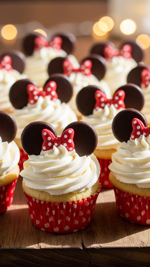 048 Classic Minnie Mouse Birthday cupcake ideas with chocolate ears and red bows - Themed Ideas