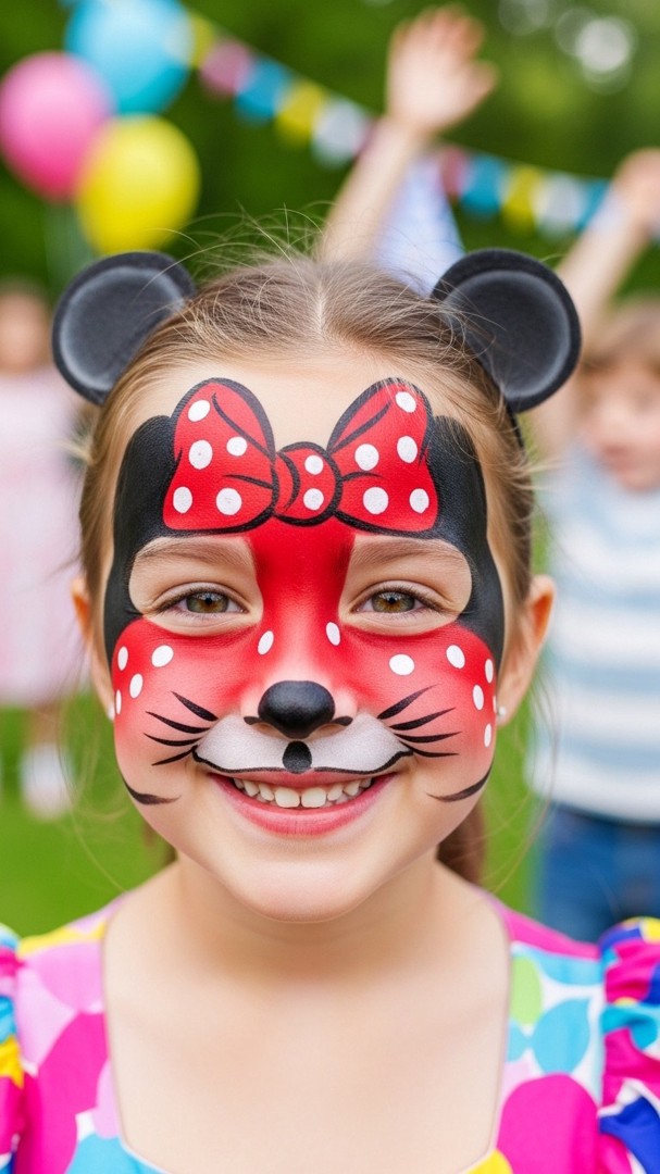051 Cute and Classic Minnie Mouse Face Paint Ideas for Girls with Red Bow and Polka Dots - Themed Ideas