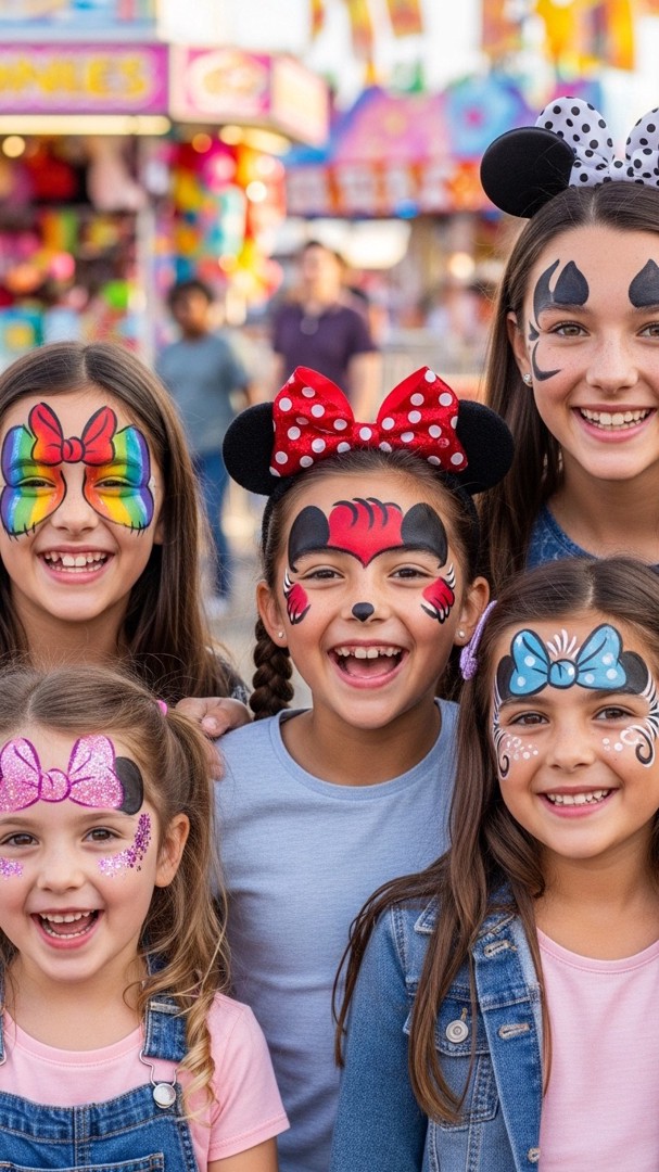 054 Fun and Colorful Group Minnie Mouse Face Painting Ideas for Parties and Carnivals - Themed Ideas