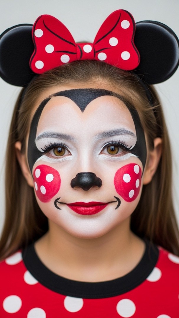056 Bold Minnie Mouse Face Paint Ideas for Halloween and Dress Up Fun - Themed Ideas