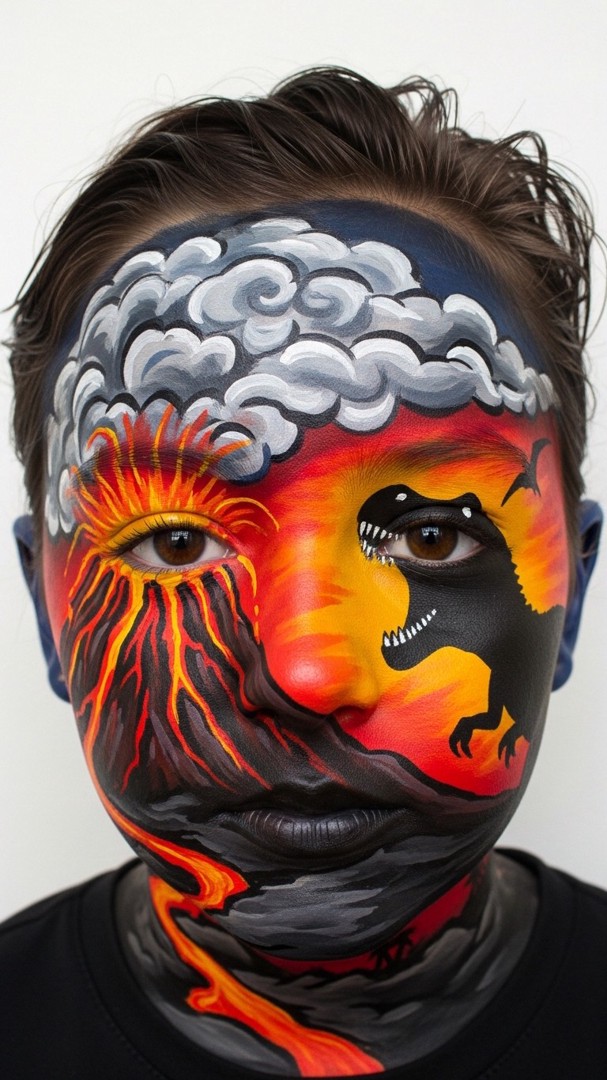 056 Epic Dinosaur Face Painting Ideas Featuring Volcano Scenery and Roaring Dinosaurs - Themed Ideas