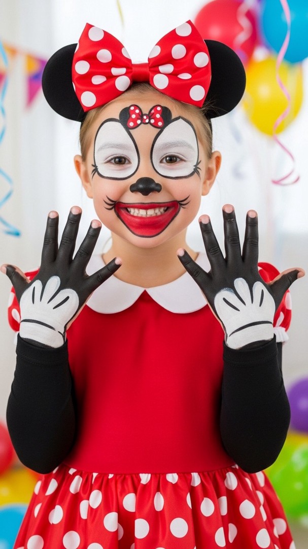 059 Creative Full Minnie Mouse Face Paint Ideas with Matching Outfit for Kids - Themed Ideas