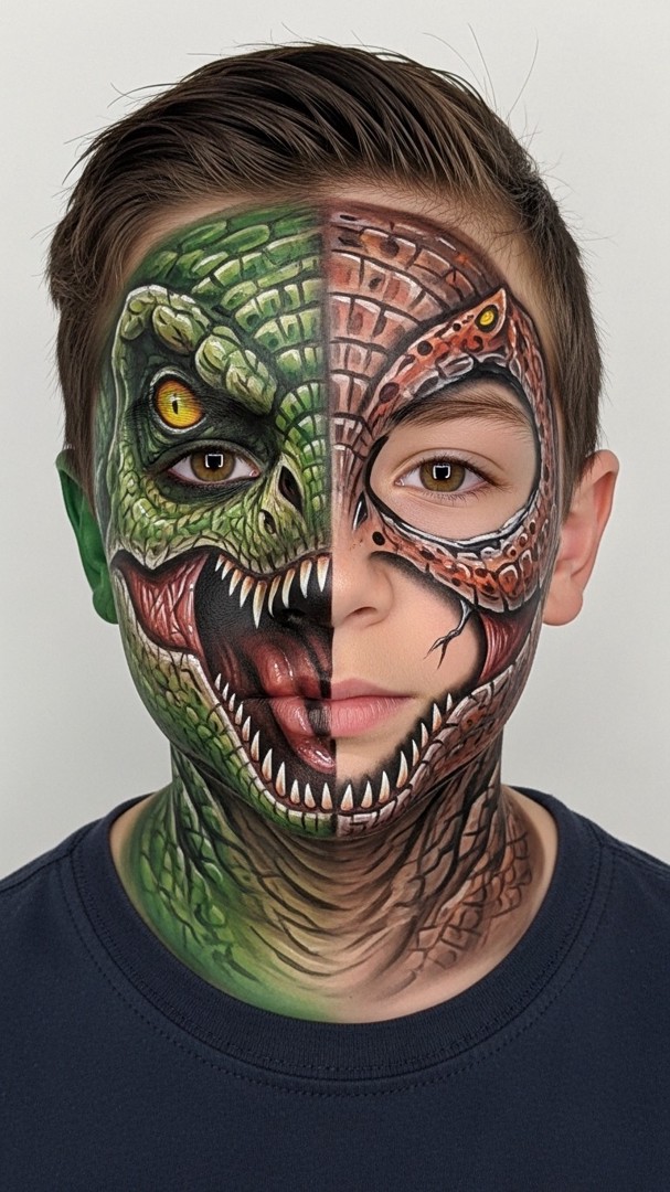 060 Bold Split Face Dinosaur Face Paint Ideas for Kids Who Love Unique Art Styles - Themed Ideas