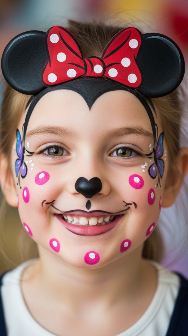 060 Cute and Whimsical Minnie Mouse Face Painting Ideas with Hearts and Butterflies - Themed Ideas