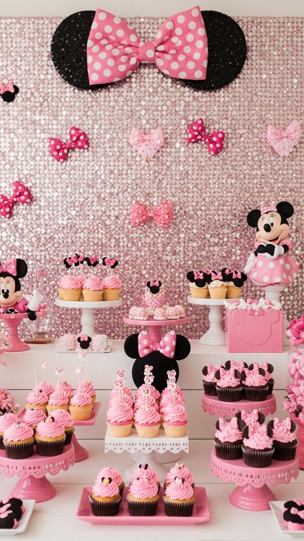063 Minnie Mouse dessert table decorations with cute cupcakes and themed treats - Themed Ideas