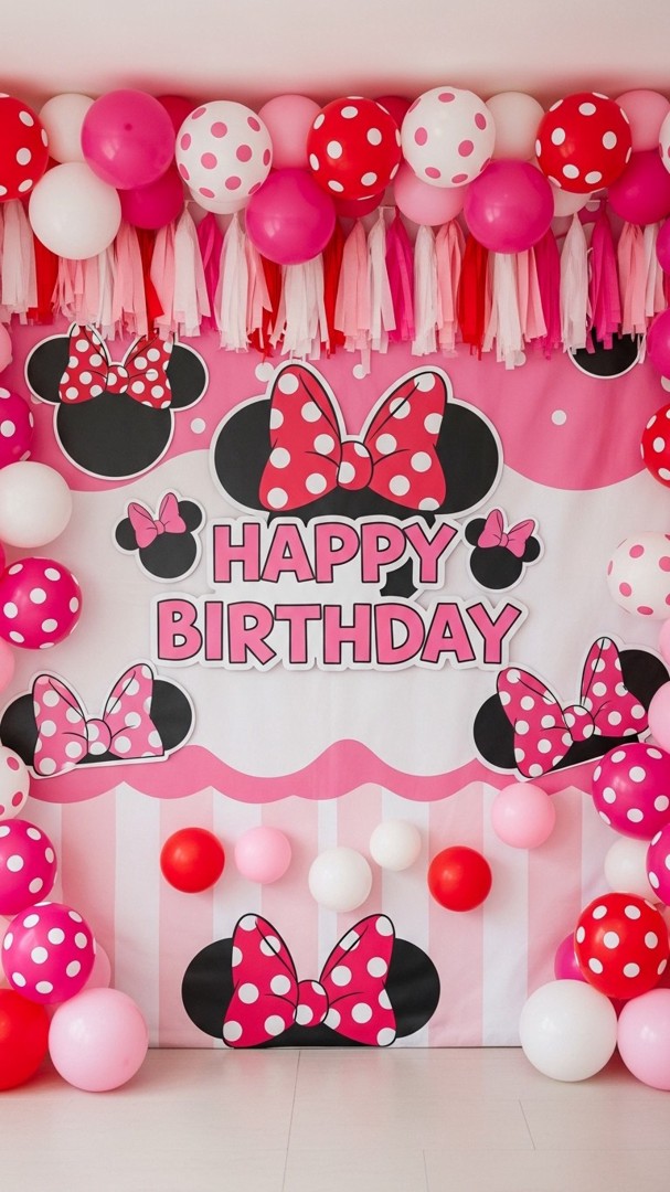 064 Creative Minnie Mouse party backdrop ideas with bows polka dots and balloons - Themed Ideas