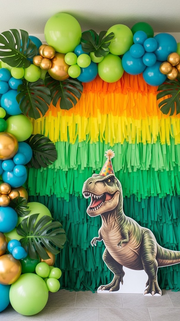 065 DIY dinosaur party backdrop ideas with balloon garlands and jungle leaves - Themed Ideas