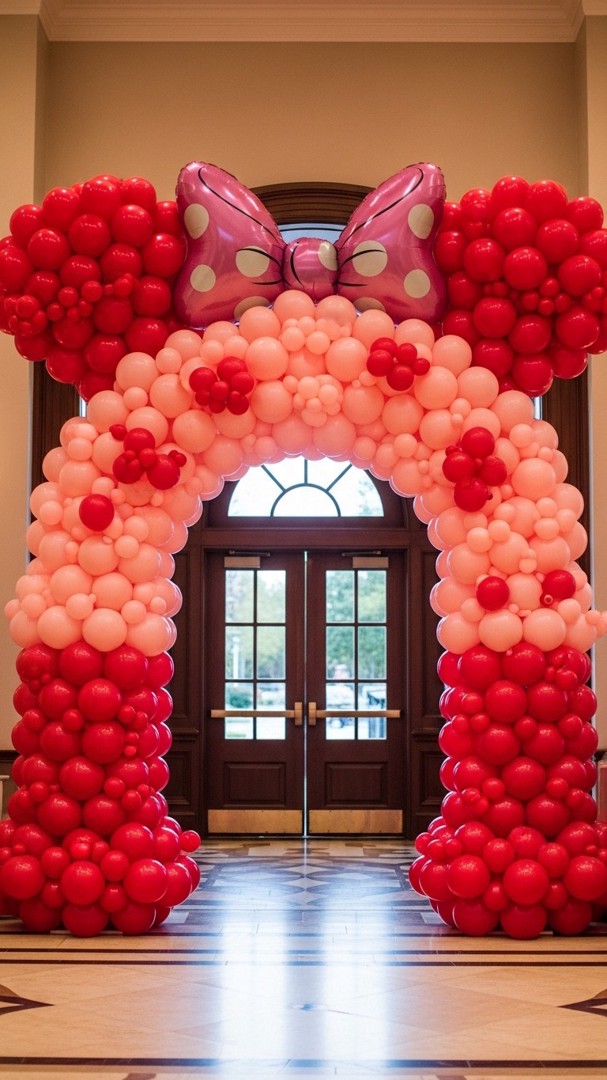 070 Bold Minnie Mouse balloon decorations with red and pink entryway arch design - Themed Ideas