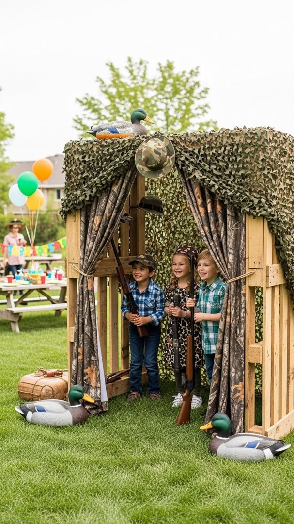 070 Duck Dynasty party backdrop ideas with pallet photo booth and duck hunting props - Themed Ideas