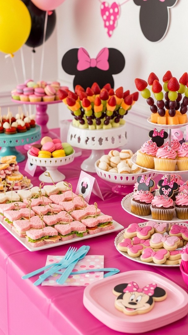 071 Adorable Minnie Mouse snacks ideas for kids party with fruit skewers and mini sandwiches - Themed Ideas