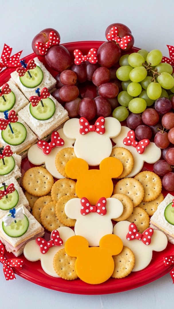 073 Creative Minnie Mouse themed birthday party snacks with cheese crackers and fruit - Themed Ideas