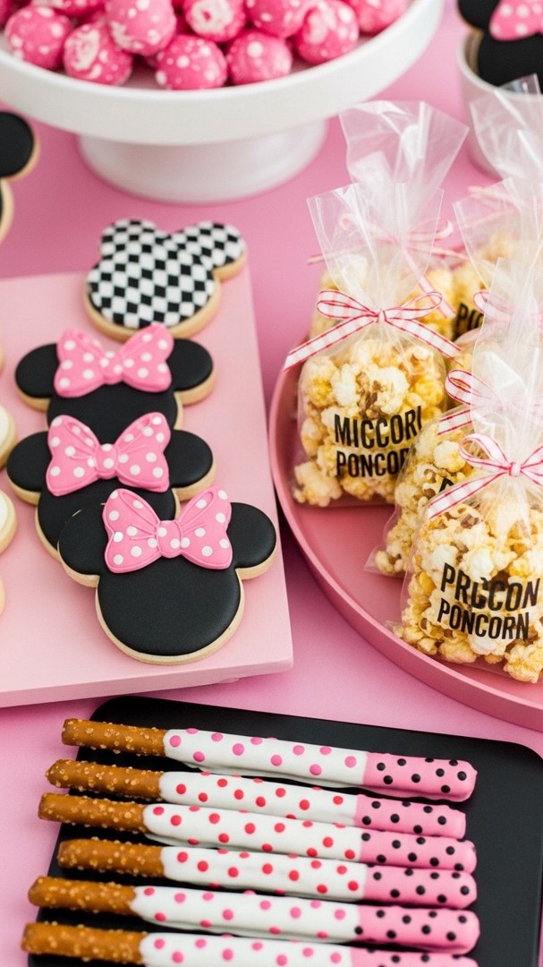 076 The ultimate Minnie Mouse snacks party board with cookies popcorn and themed pretzels - Themed Ideas