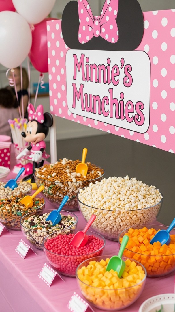 077 DIY Minnie Mouse snacks birthday station with trail mix popcorn and sweet treats - Themed Ideas