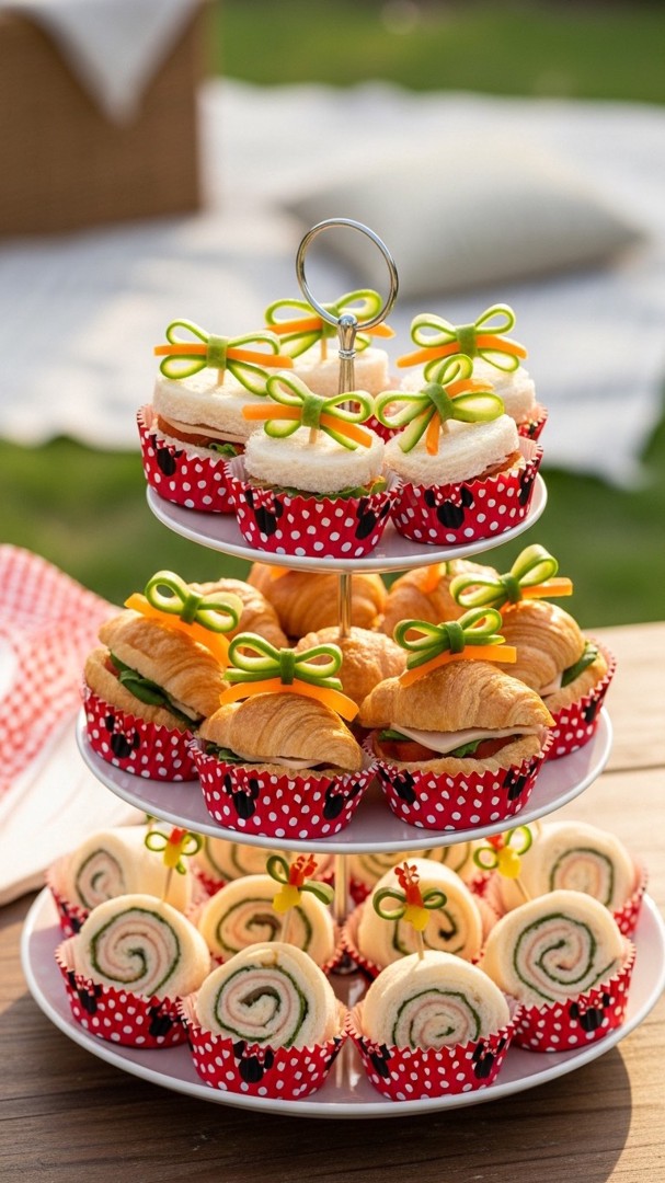 078 Savory Minnie Mouse snacks for kids with mini sandwiches in themed cupcake wrappers - Themed Ideas