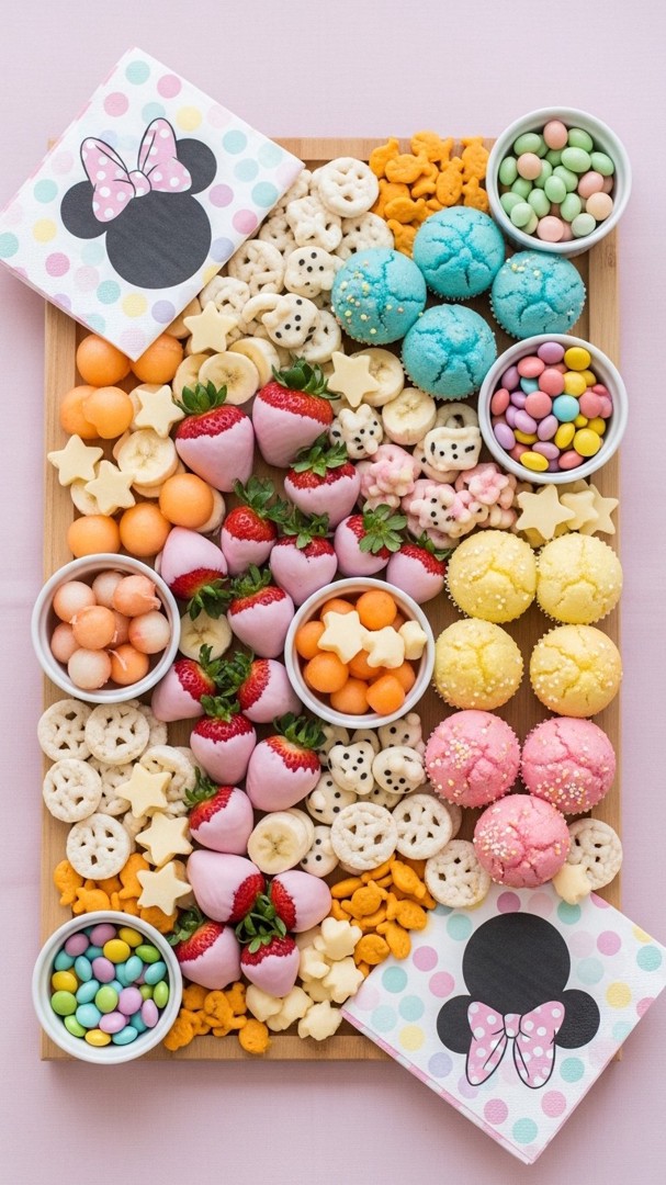079 Pastel Minnie Mouse snacks ideas for party grazing board with fruit and cheese for kids - Themed Ideas