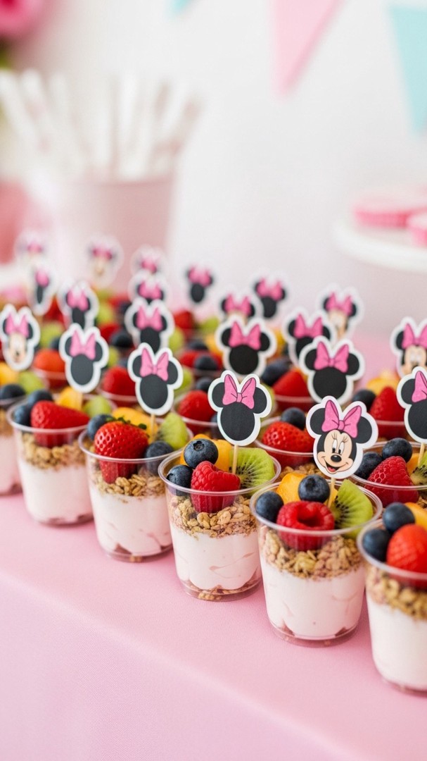 080 Build your own Minnie Mouse snacks bar for kids with yogurt parfaits and cute toppers - Themed Ideas