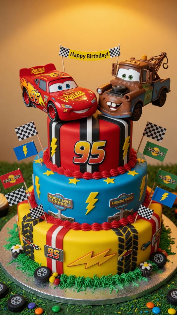020 Fun Disney Cars Birthday Cake with Lightning McQueen and Mater - Themed Ideas