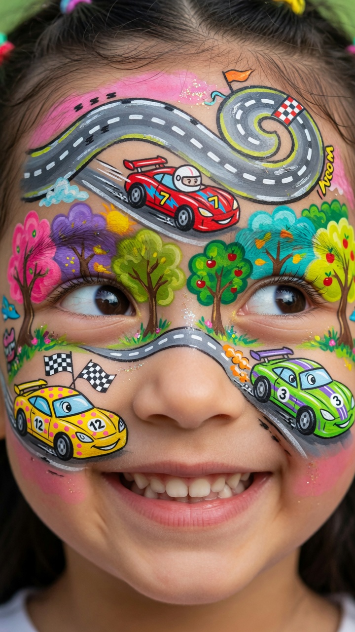 056 Whimsical Disney Cars Face Painting Ideas Race Track Design - Themed Ideas