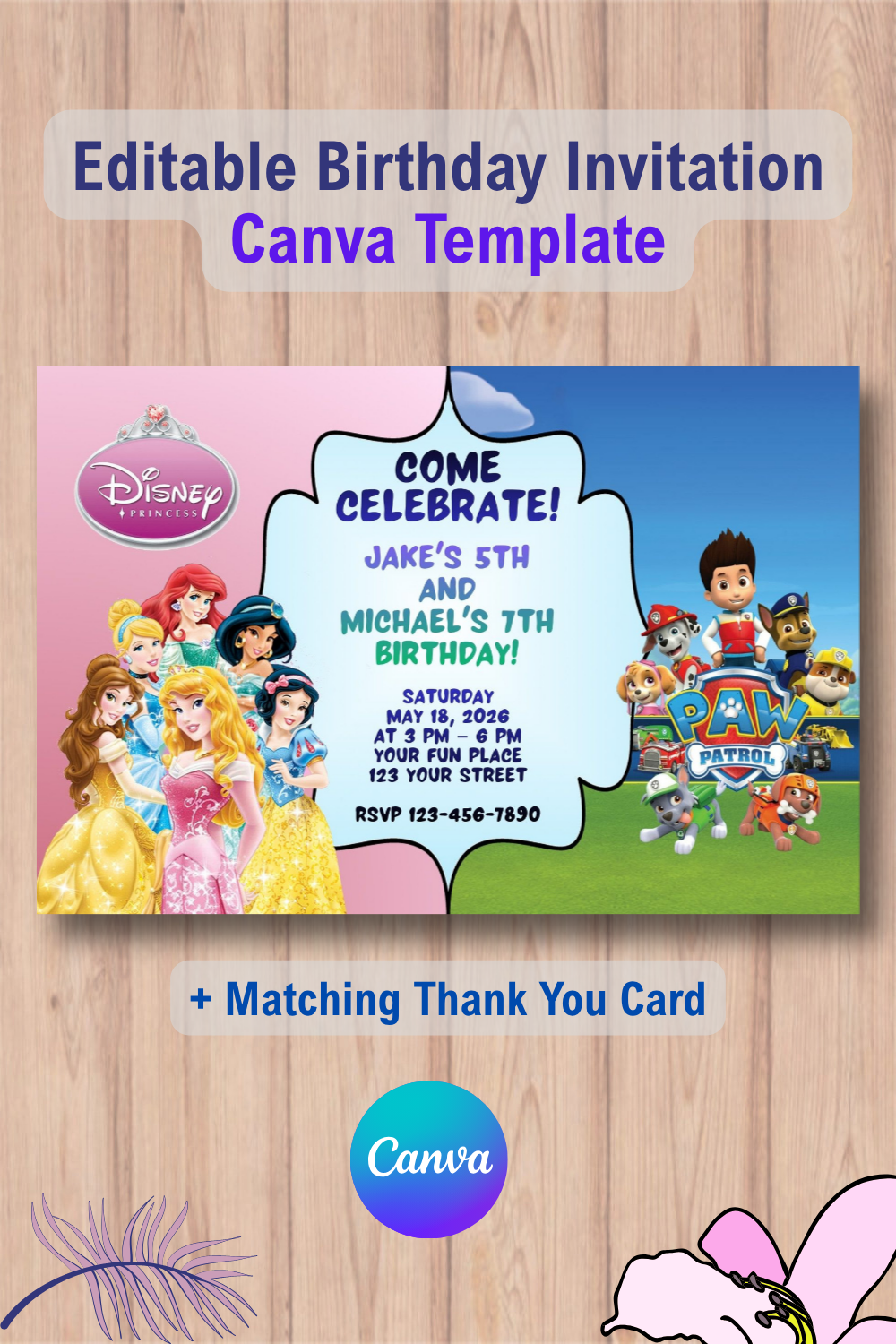 Double Disney Princess and Paw Patrol Invitation with Thank You Card 1 Double Disney Princess and Paw Patrol Invitation Canva Template