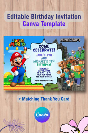 Double Super Mario and Minecraft Invitation with Thank You Card