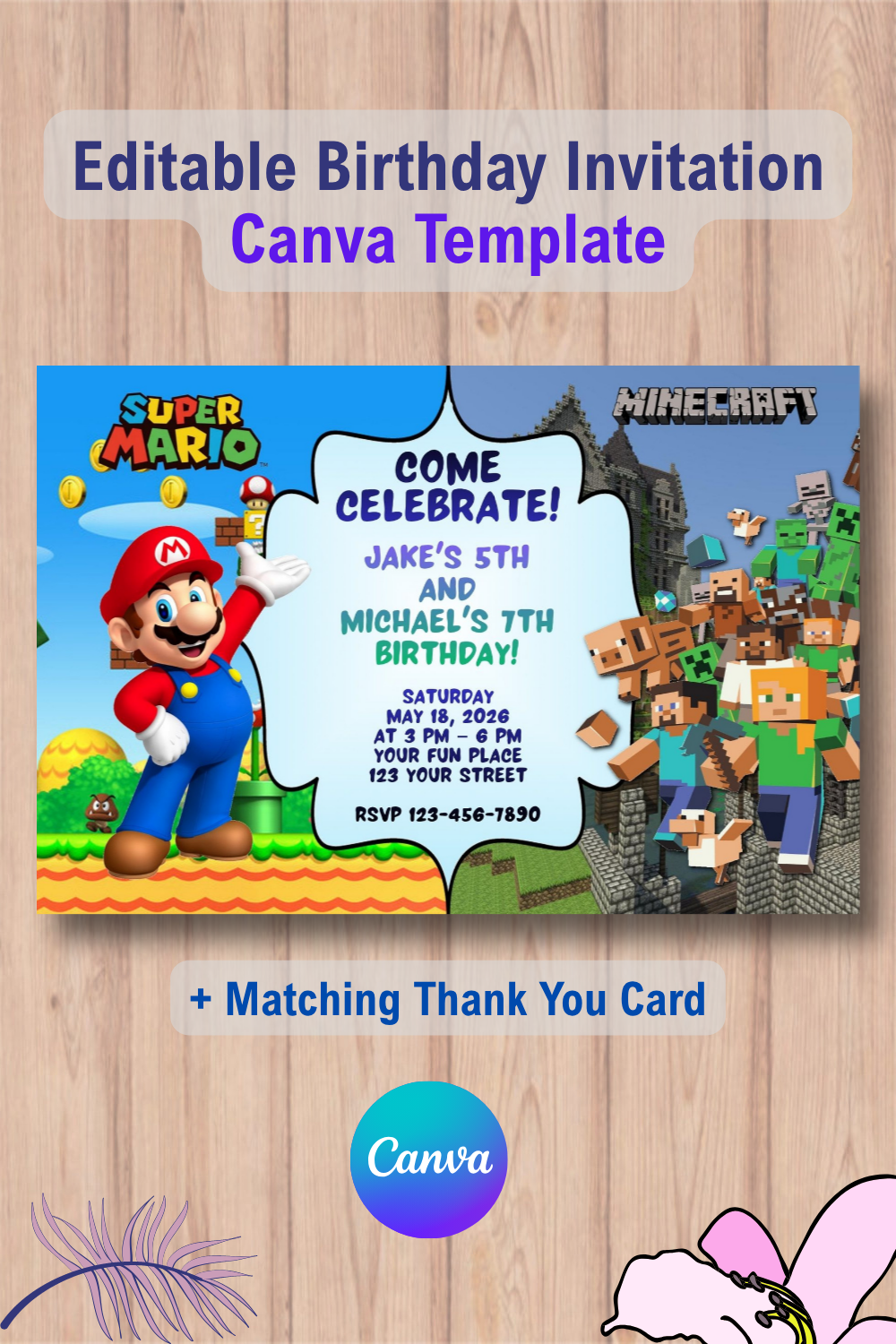 Double Super Mario and Minecraft Invitation Canva Templates