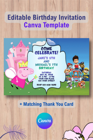 Double Peppa Pig and Paw Patrol Invitationуце with Thank You Card