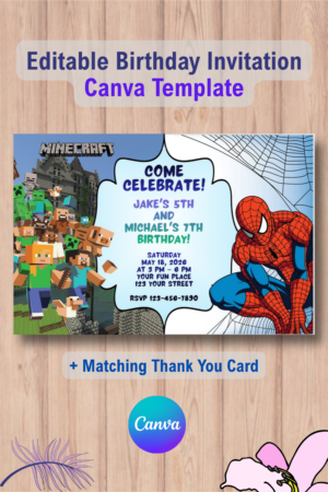 Double Minecraft and Spiderman Invitation with Thank You Card