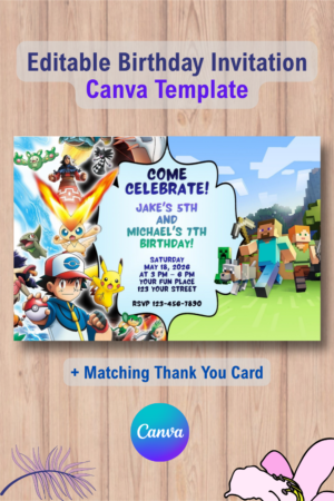 Double Pokemon and Minecraft invitation Canva Template