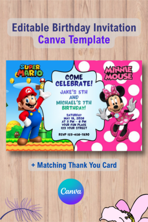 Double Super Mario and Minnie Mouse Invitation Canva Template