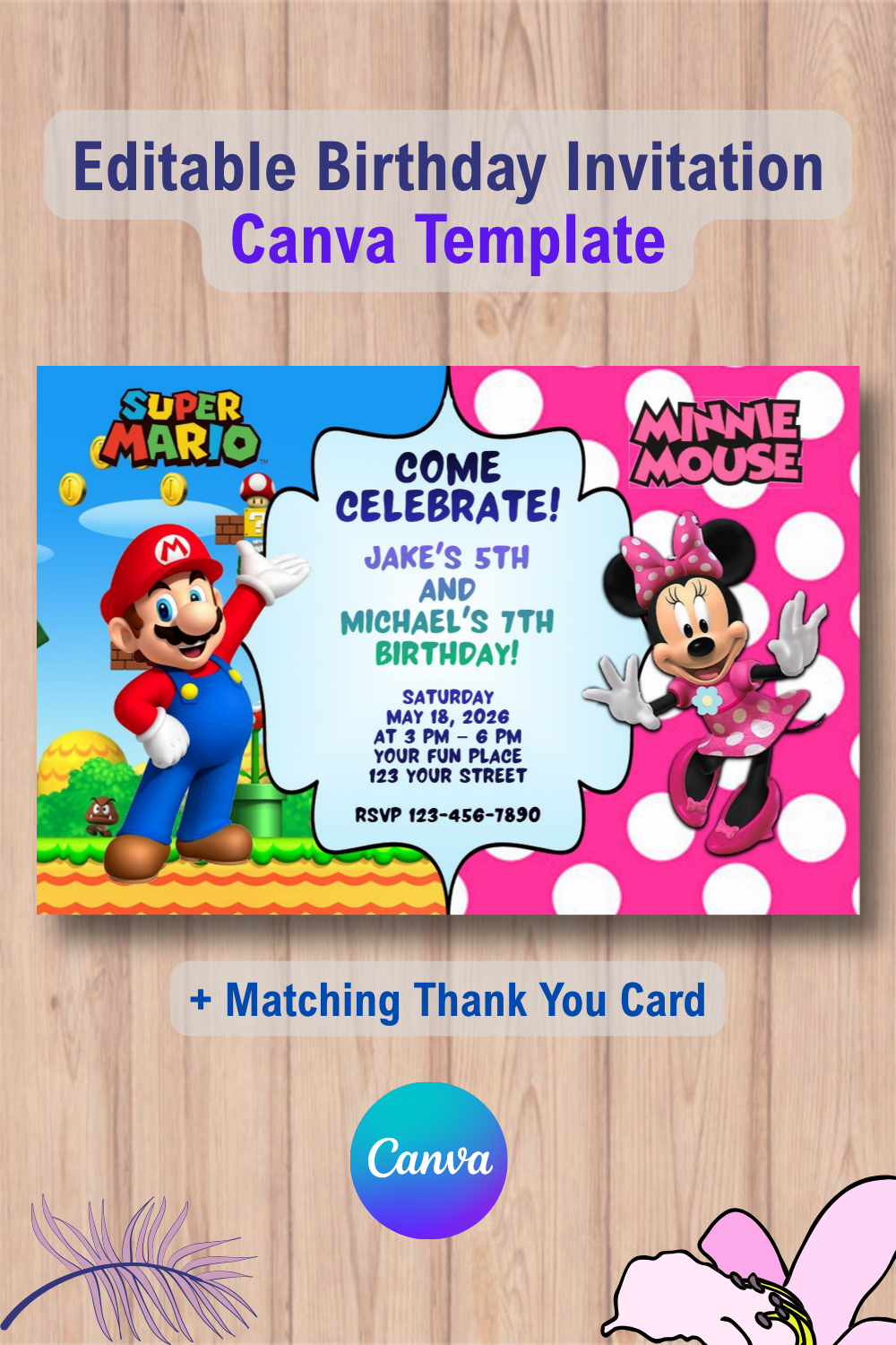 Double Super Mario and Minnie Mouse Invitation Canva Template