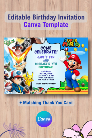 Double Pokemon and Super Mario Invitation Canva Template