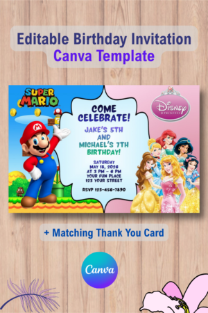 Double Super Mario and Disney Princess Invitation with Thank You Card