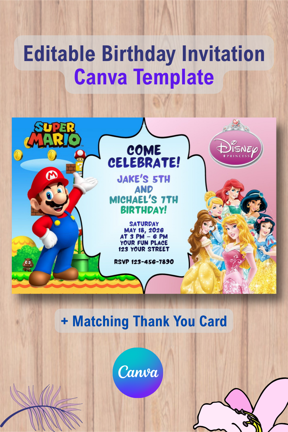 Double Super Mario and Disney Princess Invitation Canva Template