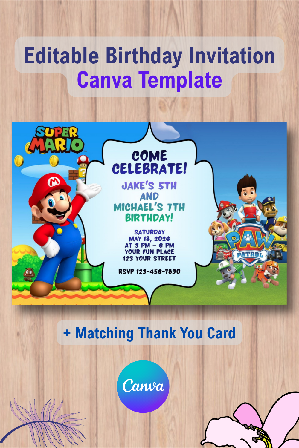 Double Super Mario and Paw Patrol Invitation Canva Template