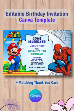 Double Super Mario and Spiderman Invitation with Thank You Card