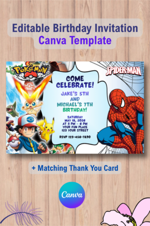Double Pokémon and  Spiderman Invitation with Thank You Card