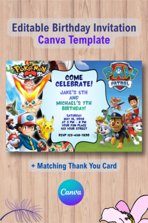 Double Pokémon and Paw Patrol Invitation with Thank You Card
