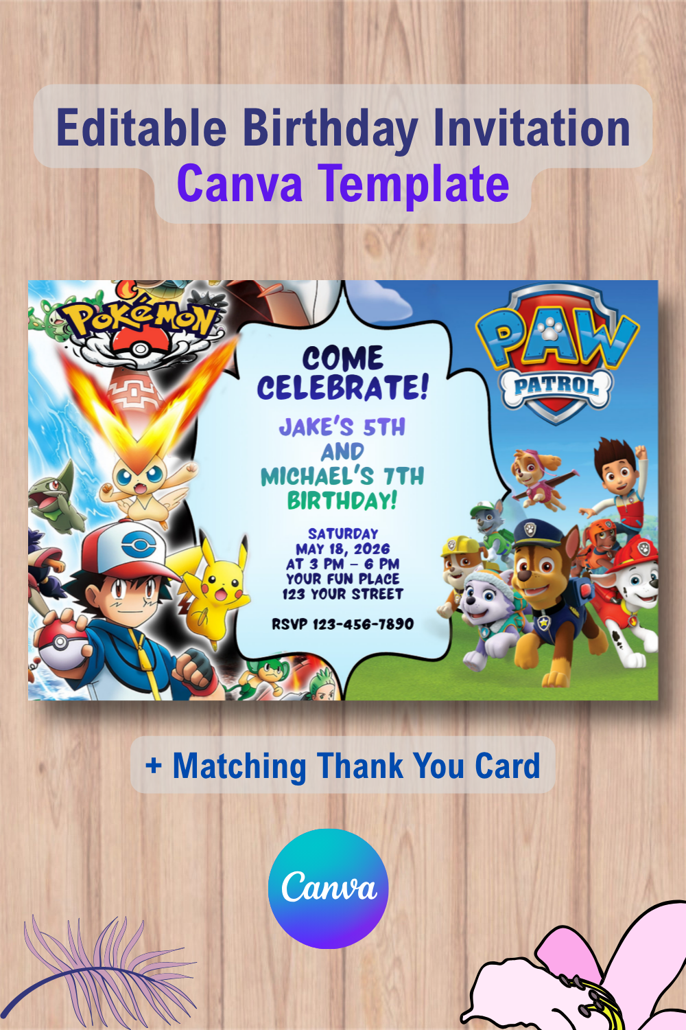 Double Pokémon and Paw Patrol Invitation Canva Template